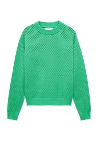 Groene brei-trui met een gestructureerd, open geweven ontwerp, ronde halslijn en geribde manchetten en zoom. Lichtgewicht en ademend materiaal.