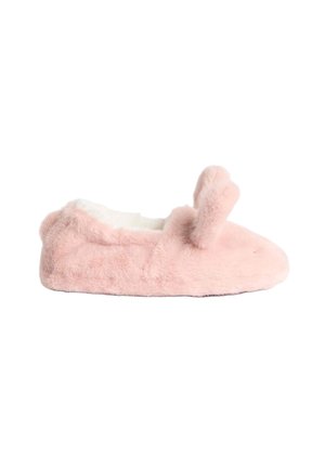 Helle rosa fuzzy Hausschuhe mit einer flauschigen Textur, abgerundetem Zehenbereich und einem dekorativen Ohrenakzent an der Seite. Weiche, warme Fütterung ist innen sichtbar.