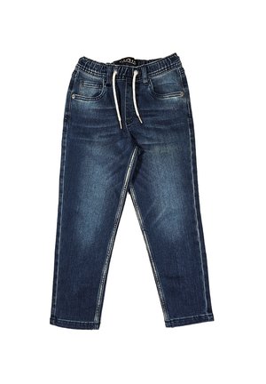 Pantaloni jogger in denim blu scuro, dotati di cintura elastica con cordino, tasche frontali e design a gamba affusolata.