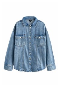 Lichtblauw denim shirt met een knoopsluiting aan de voorkant, twee borstzakken en een klassieke kraag. Heeft een losse pasvorm en een lichte vintage wassing.