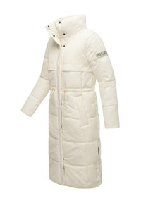 Long, puffy white coat with a high collar, front zipper, drawstring waist, and snap-button accents along the side. Features a textured finish.