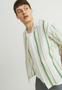 Camicia a maniche corte con bottoni in verde chiaro e righe verticali bianche, caratterizzata da un fit rilassato e una texture liscia. Sotto, è di un bianco semplice.