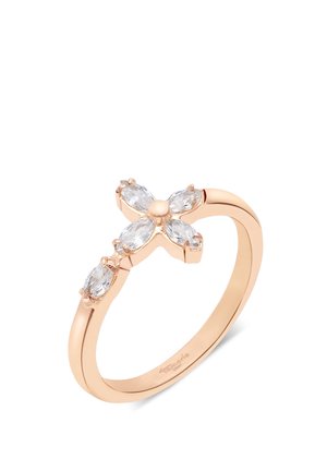 Roségoldring mit einem kreuzförmigen Cluster aus markanten, klaren Edelsteinen auf einem glatten Band.