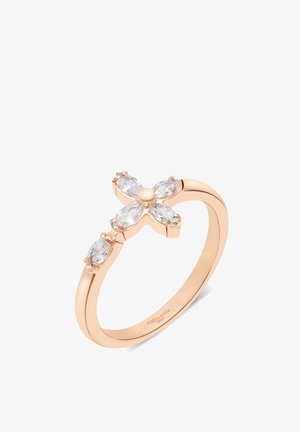 Roségoldring mit einem kreuzförmigen Cluster aus markanten, klaren Edelsteinen auf einem glatten Band.