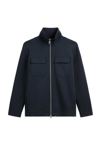 Navyblauwe zip-up jas van zacht materiaal, met een hoge kraag, twee borstzakken en zijzakken, en een rechte snit.