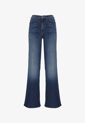Jeans in denim blu scuro a vita alta con una leggera sfumatura sulle cosce e gambe ampie a zampa, dotati di tasche anteriori e chiusura con bottoni.