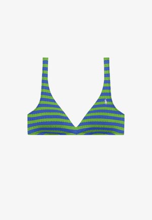 Haut de bikini rayé vert et bleu avec des bretelles fines et un petit logo brodé blanc sur le côté droit.