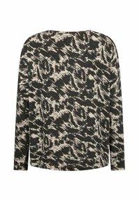 Langärmlige Bluse in Schwarz und Creme mit einem strukturierten Tierdruckmuster. Runder Halsausschnitt und lockere Passform mit seitlichen Schlitzen.