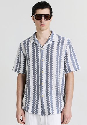 Mann mit dunkler Sonnenbrille und einem kurzärmeligen, knöpfbaren Hemd mit blau-weißen und grauen Zickzackmustern, der vor einem einfarbigen Hintergrund steht.