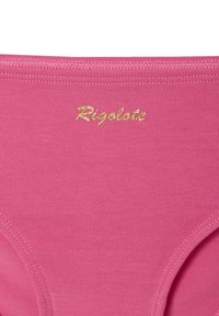 Rosa Baumwollunterwäsche mit einer glatten Textur, elastischem Bund und dem Wort "Rigolote" in Gold gestickt.