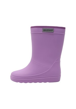 Single purple rubber rain boot with a textured sole and a fabric trim at the top, featuring a small rectangular label.