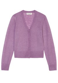 Lavendelkofta i mjukt stickad material, med djup V-ringning, långa ärmar och sex knappar fram. Elastisk nederkant.