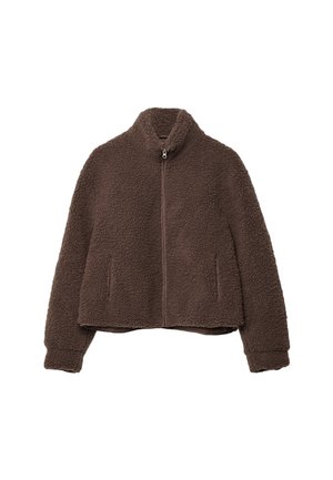 Bruine fleecejas met ritssluiting, hoge kraag en lange mouwen, met twee steekzakken en een gestructureerde, warme stof.