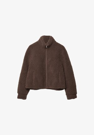 Brun lynlåsfleecejakke med høj krave og lange ærmer, med to sidelommer og et tekstureret, varmt stof.