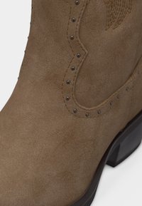 Καφέ σουέντ μποτάκι δυτικού στυλ με διακοσμητικές ραφές, μεταλλικές τρούκ κατά μήκος της επάνω άκρης και σκούρο, χαμηλό στρωμένο τακούνι.