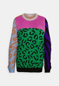 Colorful knit sweater featuring a green leopard print, pink, purple, black, and blue accents, with various textured patterns on sleeves.