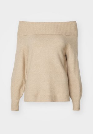 Beige off-shoulder tröja i mjukt stickat material, med ribbade ärm- och nederkanter, av avslappnad modell och med en texturerad yta.