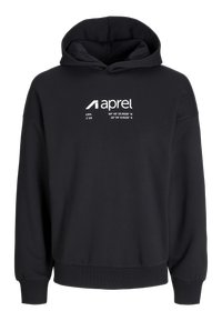 Hanorac negru cu glugă, cu logo alb "aprel" și coordonate geografice imprimate pe piept, manșete și tiv striate.