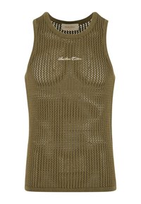 Canottiera in rete khaki con collo rotondo, bordi a coste e logo ricamato "Another Celtin" sul petto, caratterizzata da un design morbido e traspirante.
