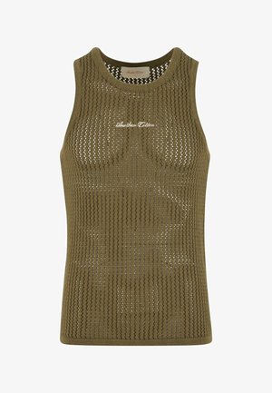 Khaki mesh tanktop met ronde hals, geribbelde randen en geborduurd "Another Celtin" logo op de borst, met een losse, ademende pasvorm.
