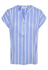 Blouse légère bleu clair à manches courtes avec des rayures blanches verticales, dotée d'un col en V, d'une patte de boutonnage et d'une texture de tissu douce et lisse.
