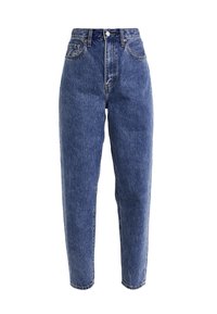 Džínové kalhoty s vysokým pasem, modré, s tapered nohavicemi, předním zipem a dvěma předními kapsami. Klasická texturka denimu a měděné nýty.