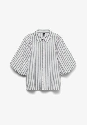 Randig kortärmad skjorta i ljusgrått och mörkgrått. Har en klassisk krage, knappstängning fram och lösa, puffiga ärmar.