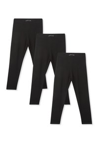 Czarny zestaw legginsów, trzy pary. Wykonane z rozciągliwego materiału, z gładką powierzchnią i elastycznym pasem dla wygody. Bez wzorów ani akcentów.