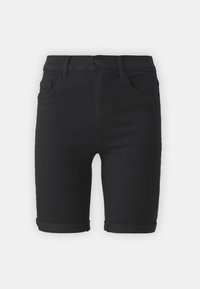Shorts de mezclilla negra con un diseño ajustado, que cuentan con dobladillos enrollados, cierre de botón y bolsillos frontales tradicionales. Textura suave en toda su superficie.