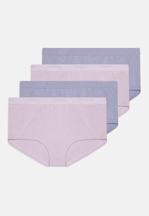 Four pairs of women's hipster underwear in light pink and two shades of blue. Made of soft fabric with elastic waistbands displaying brand logo.