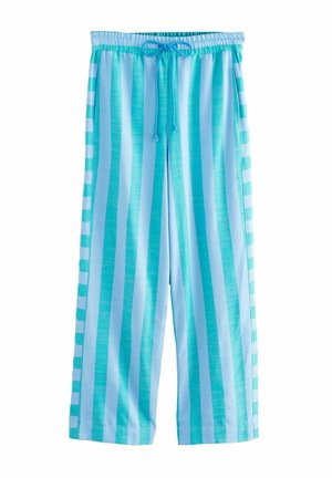 Pantalon ample rayé bleu clair et turquoise avec taille élastique et cordon de serrage, présenté sur un fond blanc.