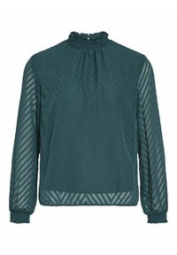 Blusa teal con un collo alto e arricciato e maniche lunghe. Realizzata in un tessuto leggero e testurizzato con un motivo a zigzag. Arricciature sui polsini.