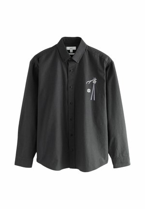 Schwarzes, langärmeliges Hemd mit Knopfleiste, mit einem auf der linken Seite gestickten Motiv, aus glattem Stoff gefertigt.