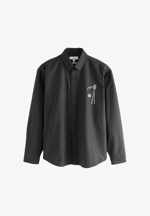 Schwarzes, langärmeliges Hemd mit Knopfleiste, mit einem auf der linken Seite gestickten Motiv, aus glattem Stoff gefertigt.