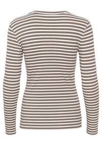 Chemise à manches longues avec des rayures horizontales beige et blanches, texture côtelée, montrée de dos sur fond blanc.