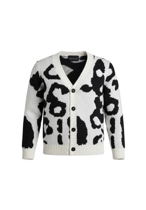 Cardigan bianco in maglia con bottoni, stampa animale astratta nera e polsini e orlo a coste.