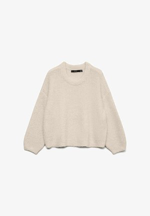 Šviesiai smėlio spalvos megztinis su apvalia iškirpte, ilgomis rankovėmis ir tekstūrine raštu. Laisvas siluetas, su raukiniais apatinėje dalyje ir rankogaliuose.