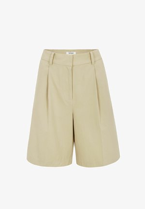 Beige hoch taillierte, maßgeschneiderte Shorts mit vorderen Falten, Gürtelschlaufen und einem verdeckten Frontverschluss, mit dem Etikett Soft Rebels.