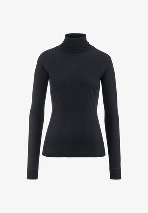 Zwarte lange mouwen fitted coltrui met ribbelstructuur en raglanmouwen op een witte achtergrond.