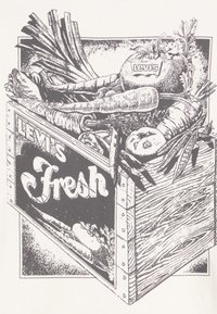 Grafika, ki prikazuje lesen zaboj poln različnih zelenjav, vključno z korenjem in paradižnikom, označen z "Levi's Fresh" v debelih črkah.