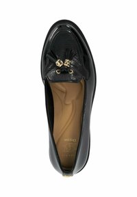 Black patent leather shoe with a textured toe, gold hardware accents, and a rounded shape, featuring a smooth interior lining.
