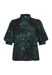 Schwarze Bluse mit grünem Blattmuster, durchgehender Knopfleiste und kurzen Puffärmel mit gerafften Manschetten. Weicher Stoff mit floralen Motiven.