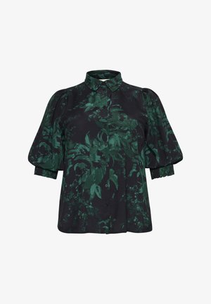 Zwarte blouse met een groen loofpatroon, knoopsluiting aan de voorkant en korte pofmouwen met gather-invoegen. Zachte stof met een bloemenpatroon.