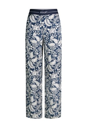 Navy blue wide-leg pants with white intricate floral and leaf patterns, elastic waistband featuring "JOOP!" branding in white.