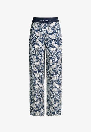 Pantalon large bleu marine avec motifs floraux et feuillages blancs complexes, taille élastique avec la marque "JOOP!" en blanc.