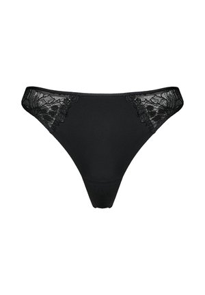Black women's thong underwear with floral lace panels on the sides and solid fabric front against a white background.