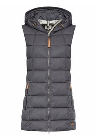Ärmelleste graue Steppweste mit Kapuze, gestepptem Muster, frontalem Reißverschluss und Lederakzenten am Reißverschluss und Saum. Zwei Seitentaschen.