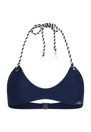 Haut de bikini bleu marine avec une texture lisse, des bonnets triangulaires, des bretelles réglables à rayures à nouer et une fermeture métallique à l'arrière.