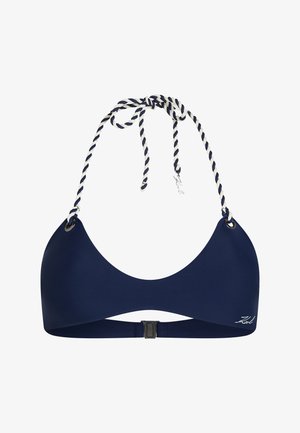 Tumesinise värviga bikiinitop, millel on sile tekstuur, kolmnurksed tassid, reguleeritavad triibulised nööririhmad ja metallist klamber taga.