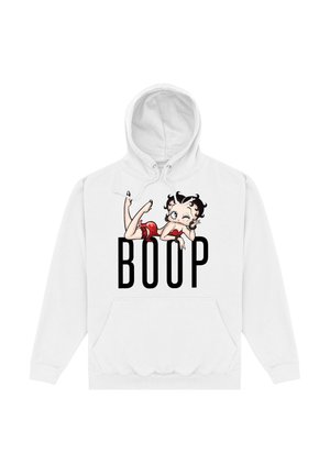 Biała bluza z kapturem z przednią kieszenią, z ilustracją postaci z kreskówki oraz napisem "BOOP" dużymi czarnymi literami.